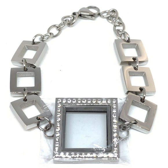 New Silver Rhinestone square link Locket Bracelet - Picture 6 of 8